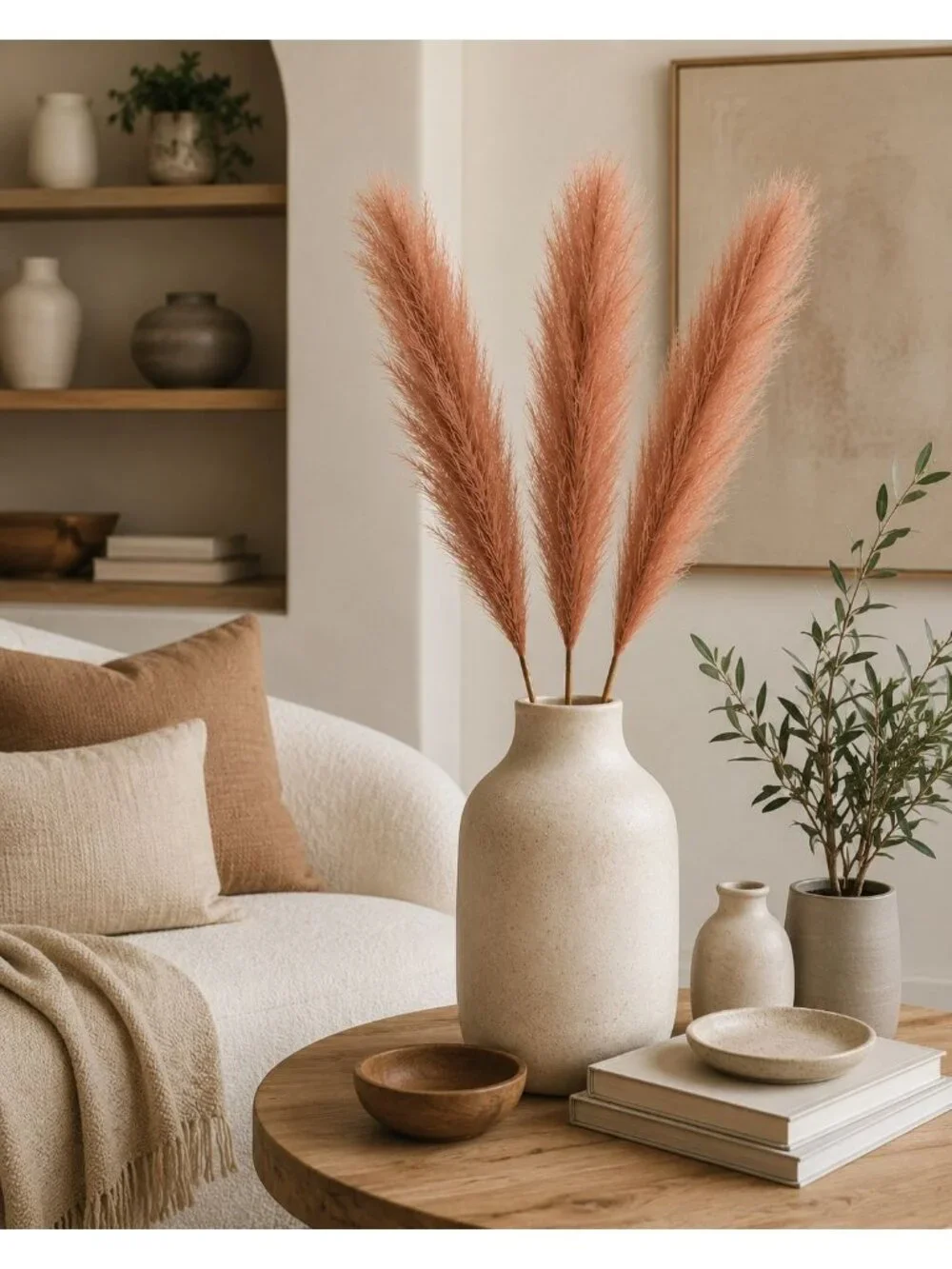 Faux Pampas Grass 3 Stems Chestnut Brown 26 Inch Artificial